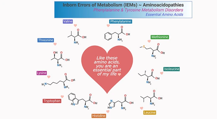 Illustration depicting inborn errors of metabolism (IEMs), aminoacidopathies, phenylalanine, and tyrosine metabolism disorders, emphasizing essential amino acids.